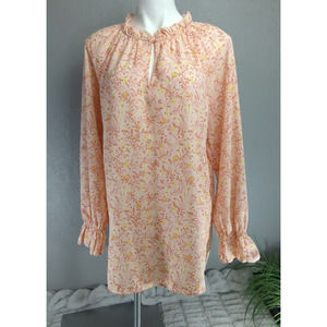 Kaari Blue Shirt Womens XL Pink Yellow Floral Tunic Keyhole Ruffle Long Sleeve